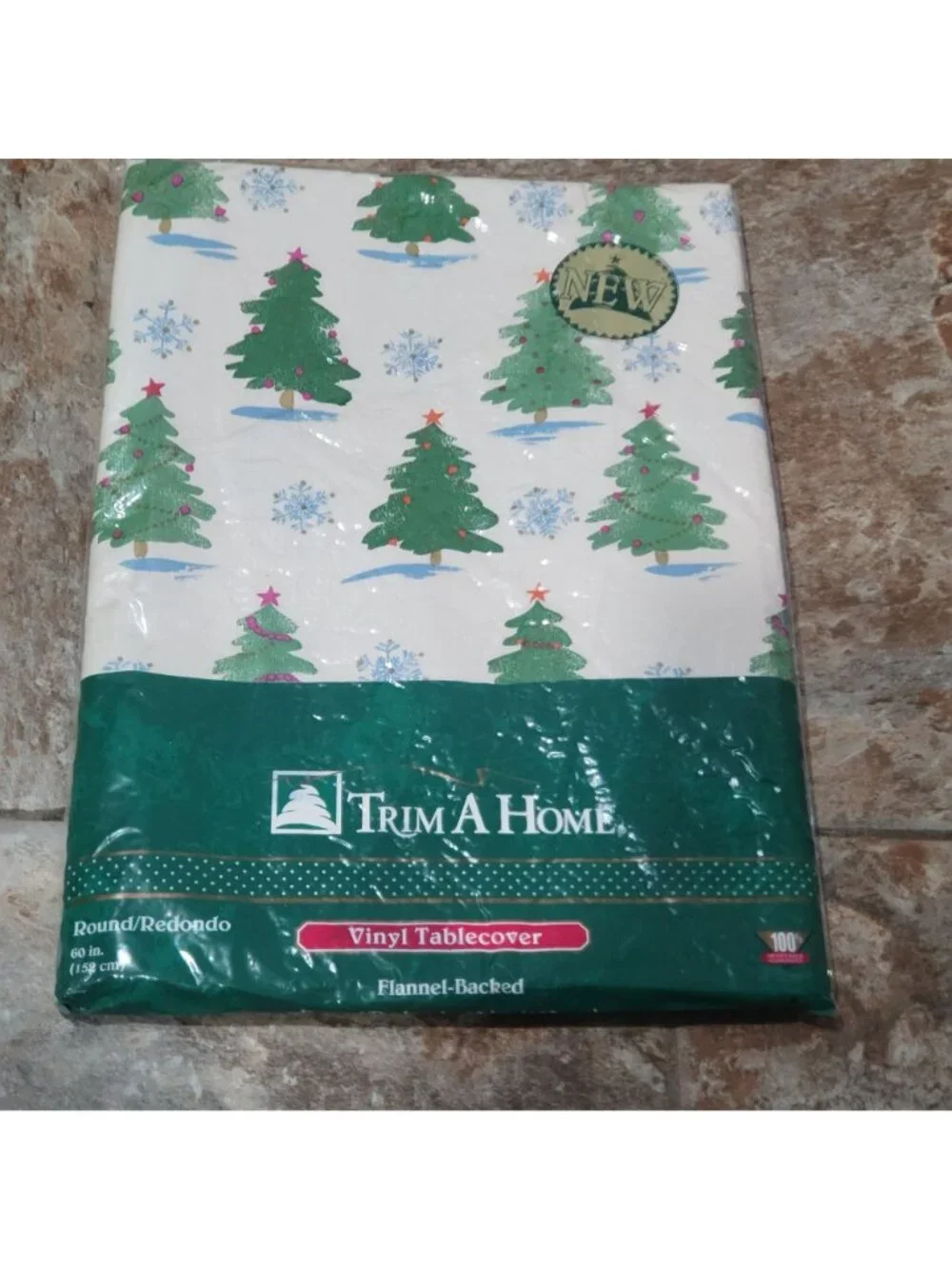 Vintage Trim A Home Christmas Vinyl Tablecover Round 60